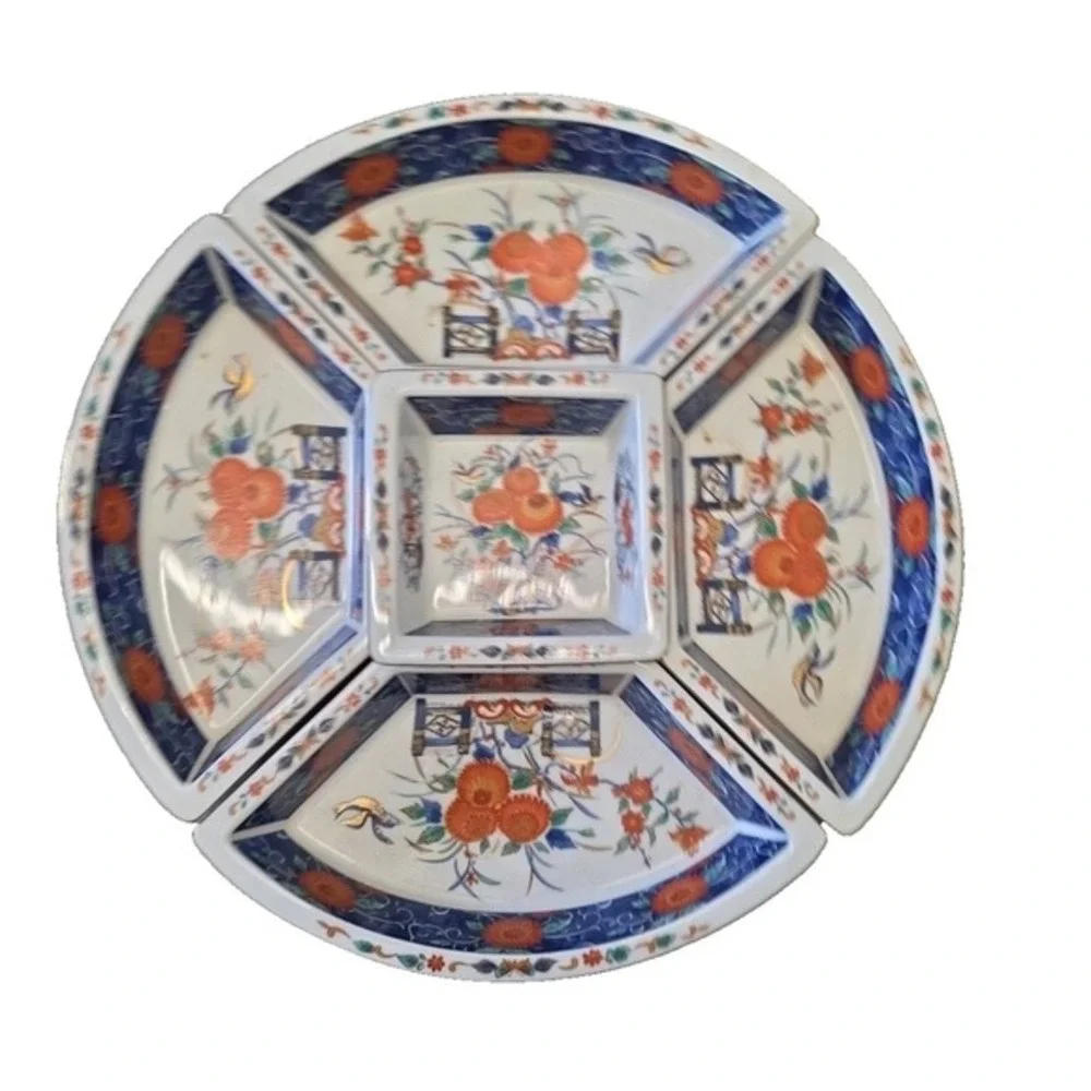 Japanese Imari Style 5 Section Ceramic Porcelain Lazy Susan Carousel‎ Tray 14.5